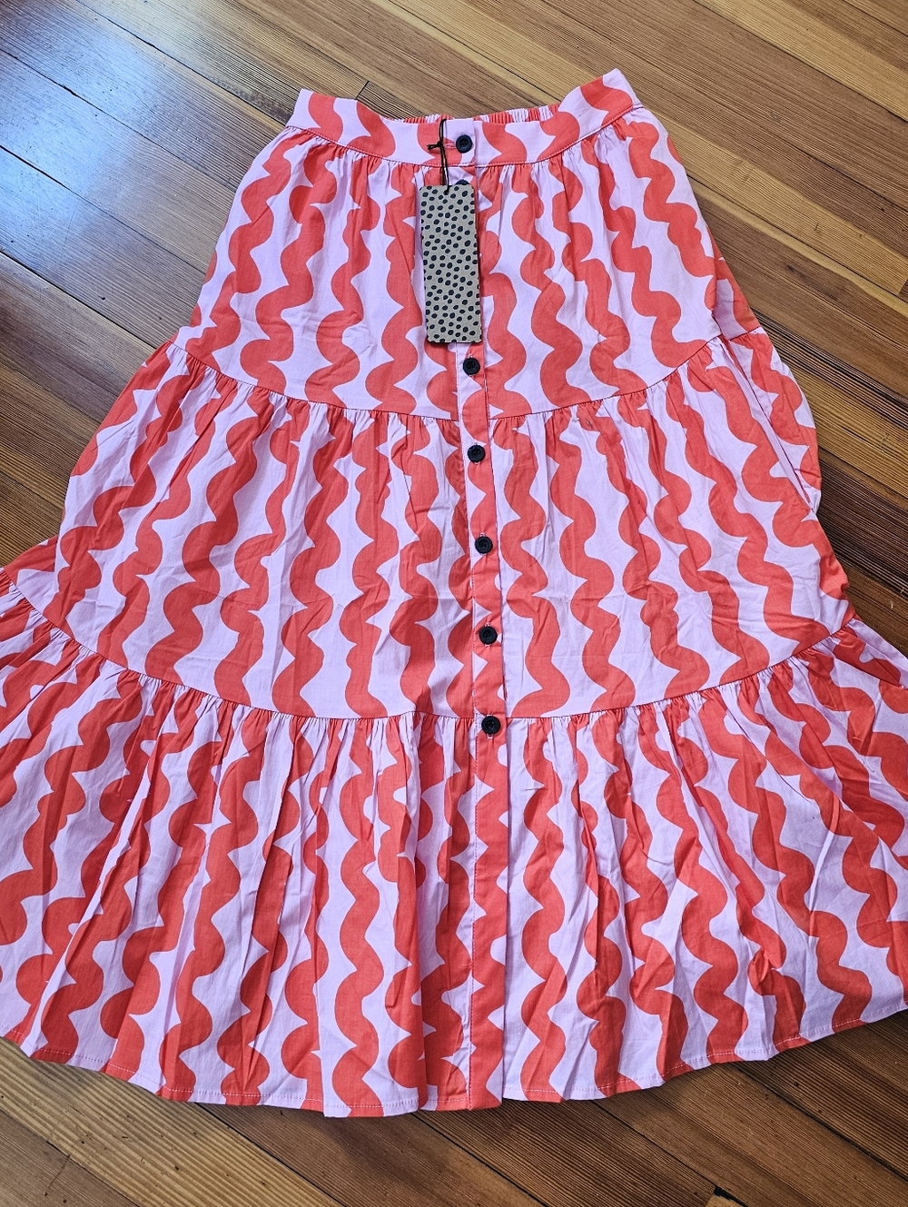 NWT Nooworks Pink Red Squiggle Button Down Midi Skirt A Line Size Small